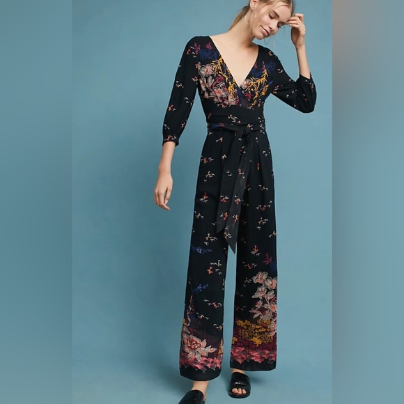 ANTHROPOLOGIE FEATHERBONE NARA BLACK FLORAL JUMPSUIT 8 - Picture 2 of 8